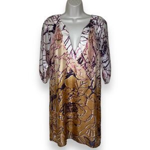 Glam Silk Deep V Neck Ombre Abstract Puff Raglan Sleeve Shift Dress Women Small